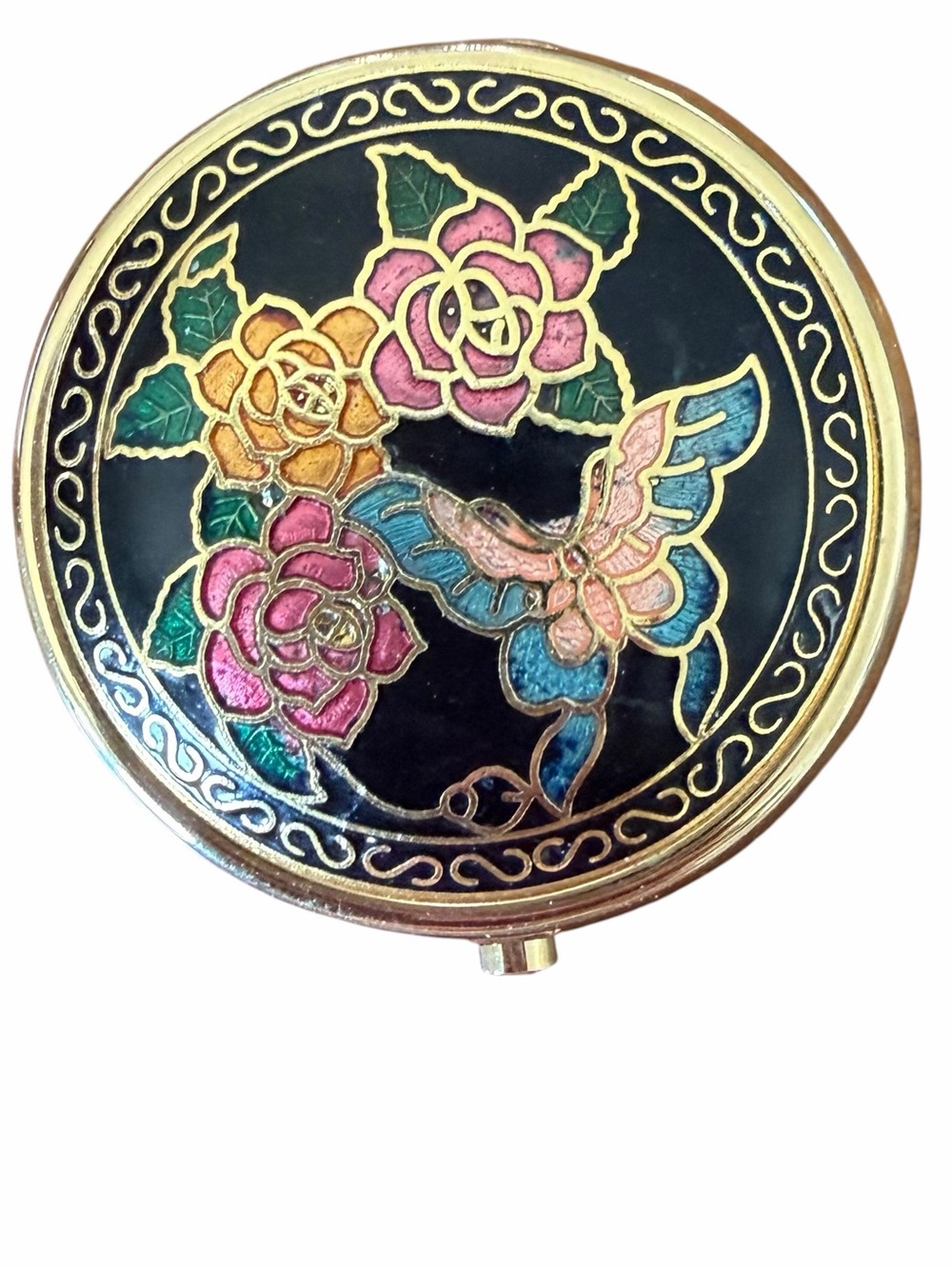Cloisonné Floral Butterfly Trinket/Pill Box - Black, Pink, Blue, Green